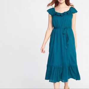Ruffled Slub-Weave Tie-Belt Midi Dress